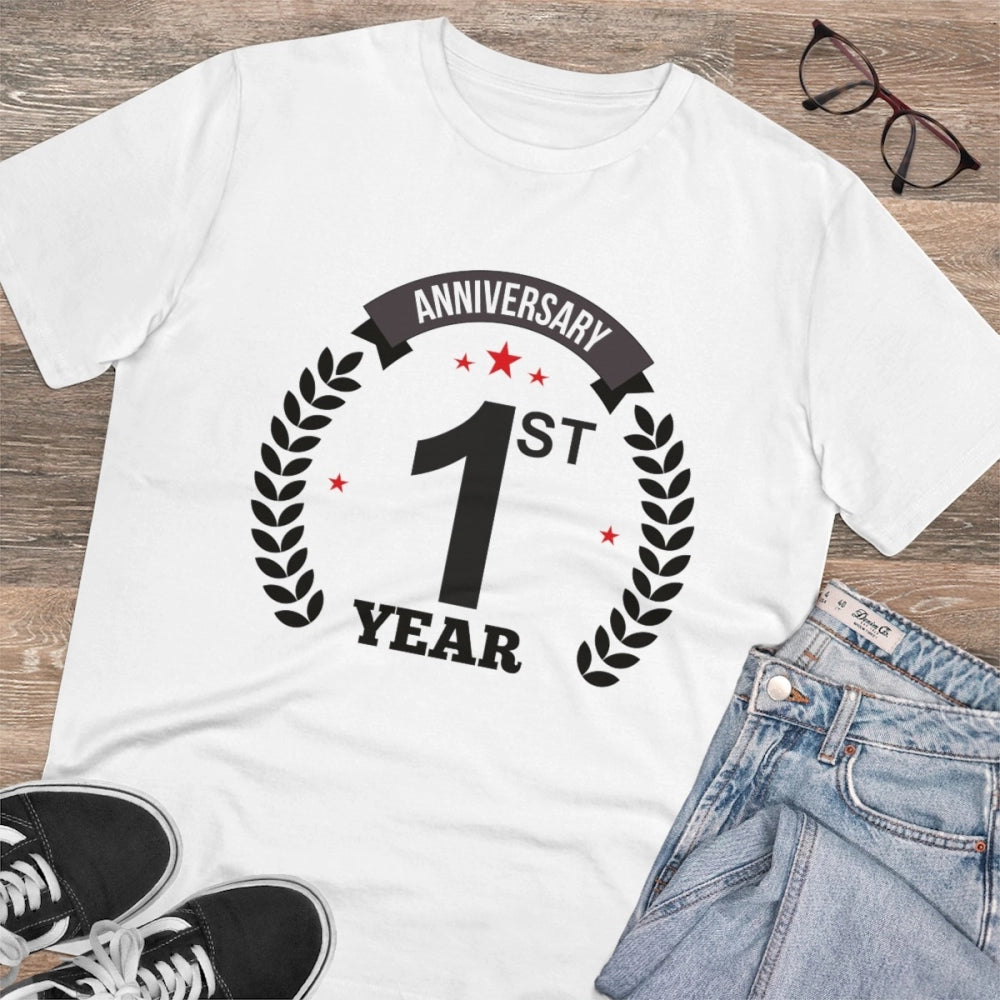 Men's PC Cotton 1st Anniversary Printed T Shirt (Color: White, Thread Count: 180GSM)