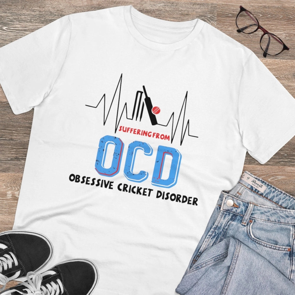 Men's PC Cotton Cricket Design Printed T Shirt (Color: White, Thread Count: 180GSM)