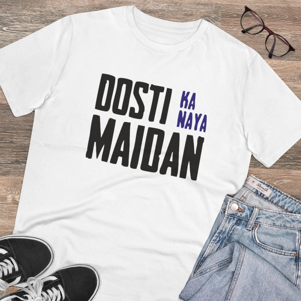 Men's PC Cotton Dosti Ka Naya Maidan Printed T Shirt (Color: White, Thread Count: 180GSM)