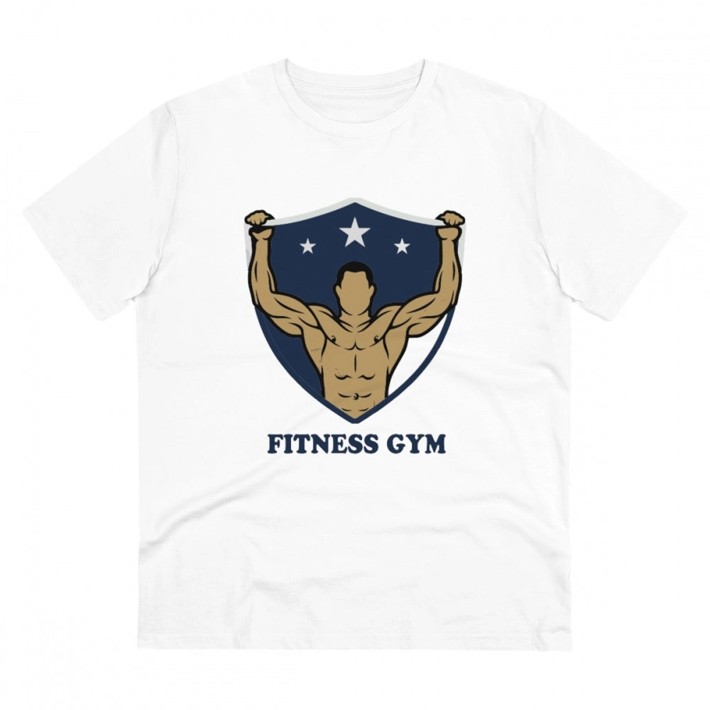 Men's PC Cotton Fittnes Gym Printed T Shirt (Color: White, Thread Count: 180GSM)