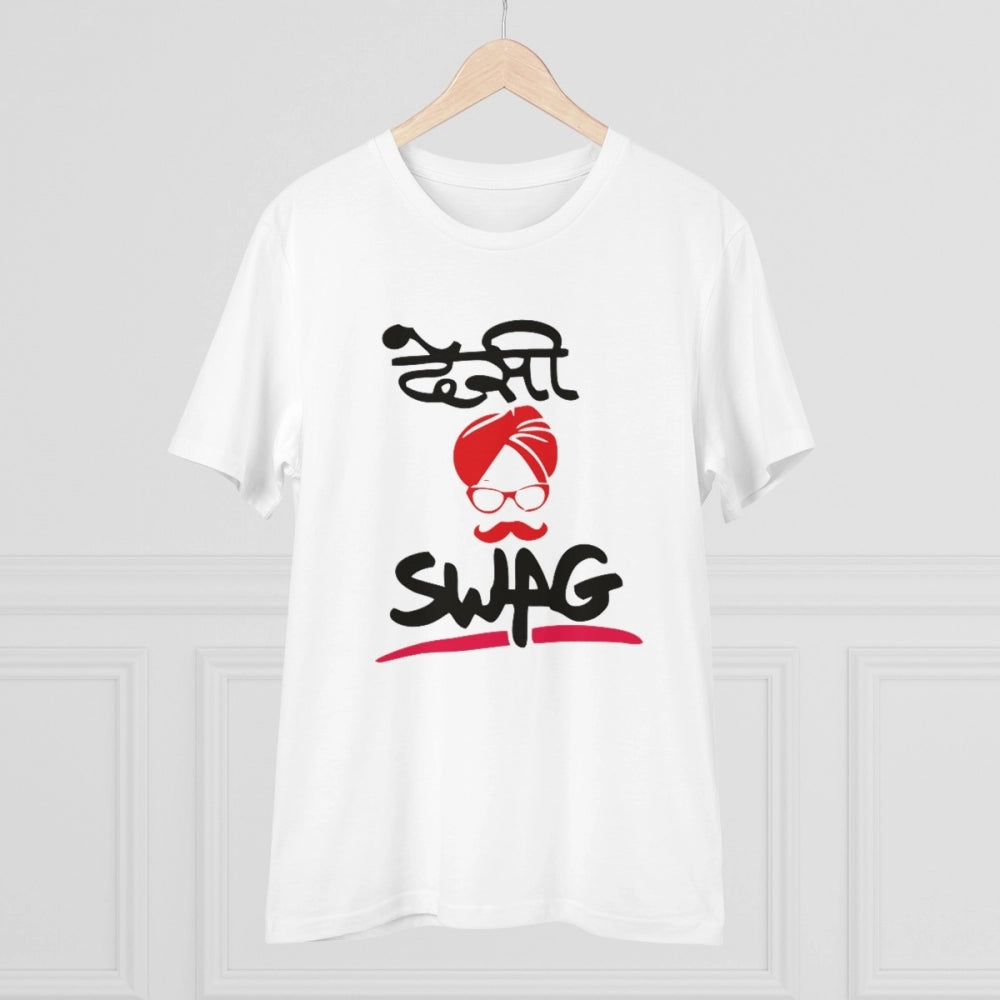 Men's PC Cotton Desi Swag Printed T Shirt (Color: White, Thread Count: 180GSM)