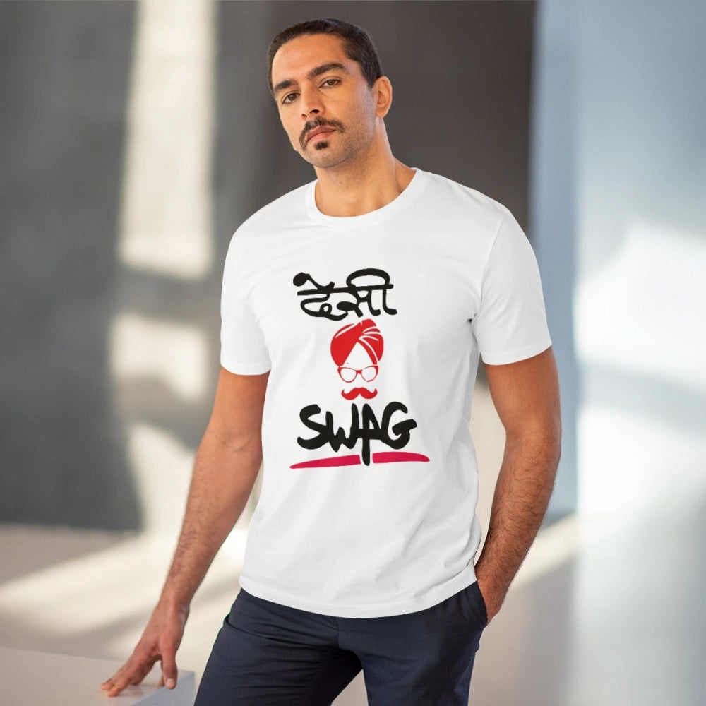 Men's PC Cotton Desi Swag Printed T Shirt (Color: White, Thread Count: 180GSM)