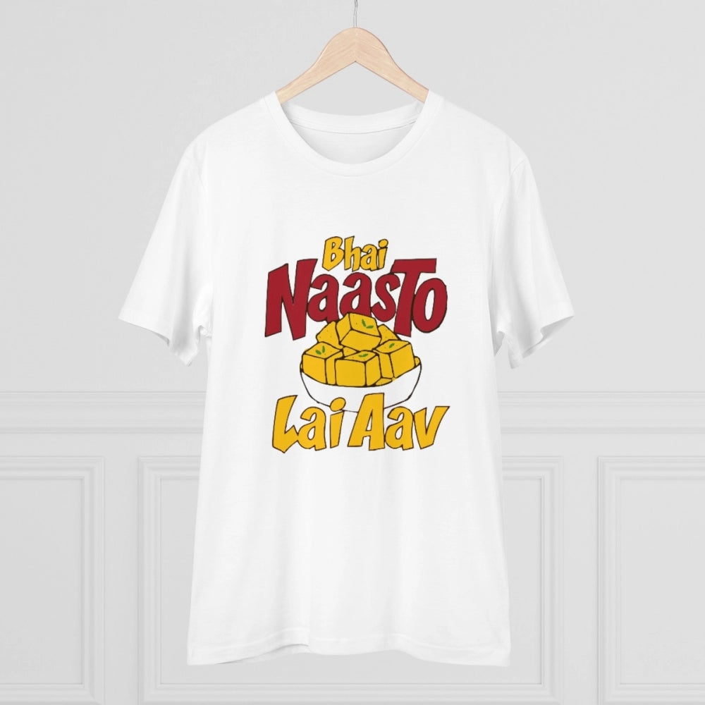 Men's PC Cotton Bhai Nasto Lai Aav Printed T Shirt (Color: White, Thread Count: 180GSM)