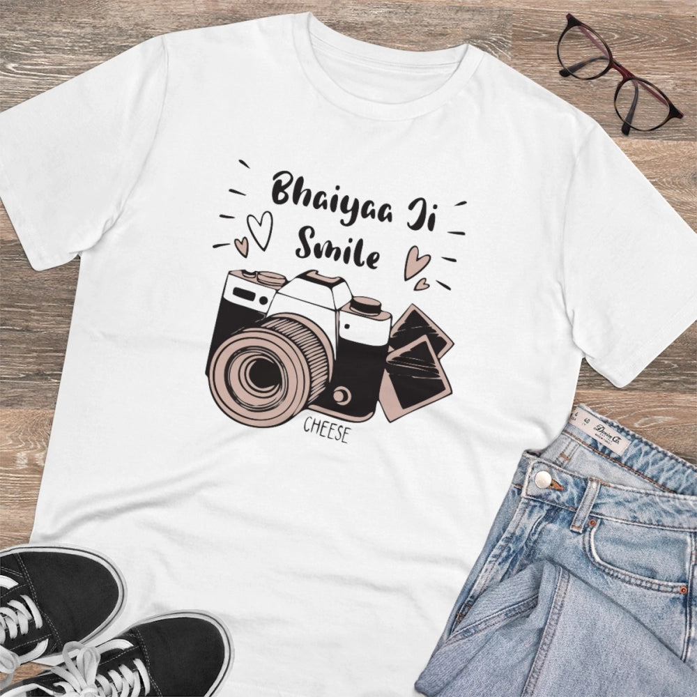 Men's PC Cotton Bhaiya Ji Smile Printed T Shirt (Color: White, Thread Count: 180GSM)