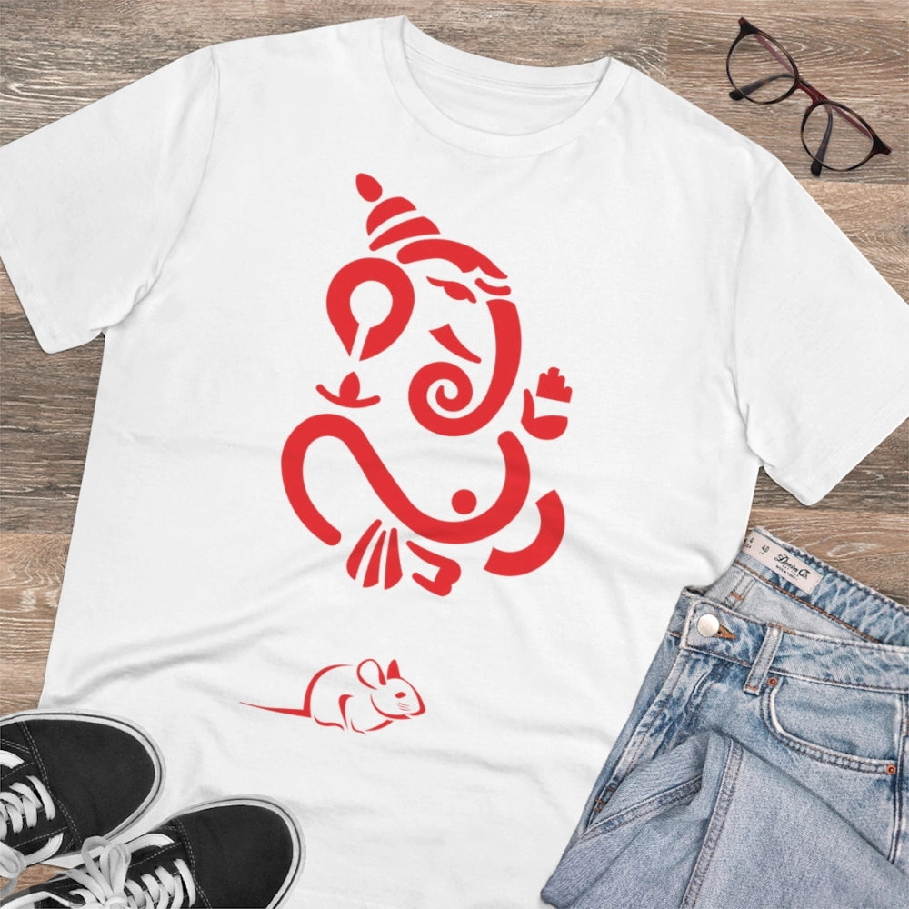 Men's PC Cotton Ganesh Printed T Shirt (Color: White, Thread Count: 180GSM)
