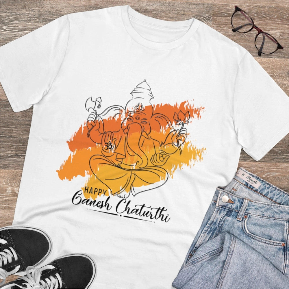 Men's PC Cotton Ganesh Printed T Shirt (Color: White, Thread Count: 180GSM)