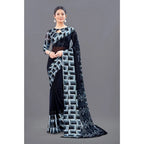 Women's Satin Patta Printed Saree With Unstitched Blouse (Black)