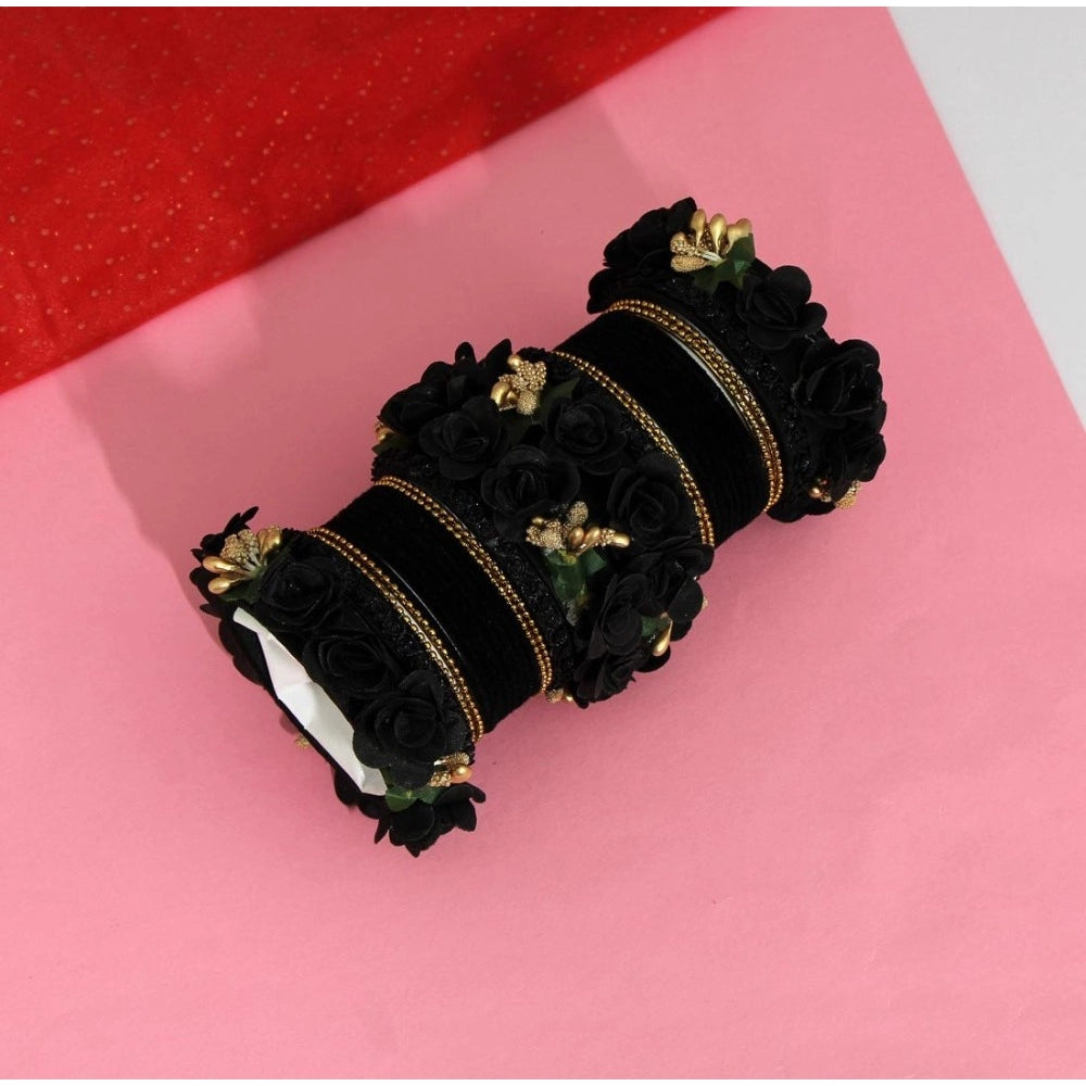 Women's Black Color Floral Bangles Set: 2.4