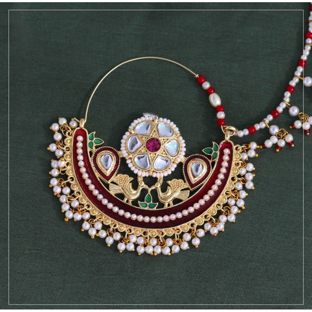Women's Maroon Color Kundan &amp; Beads Nose Nath