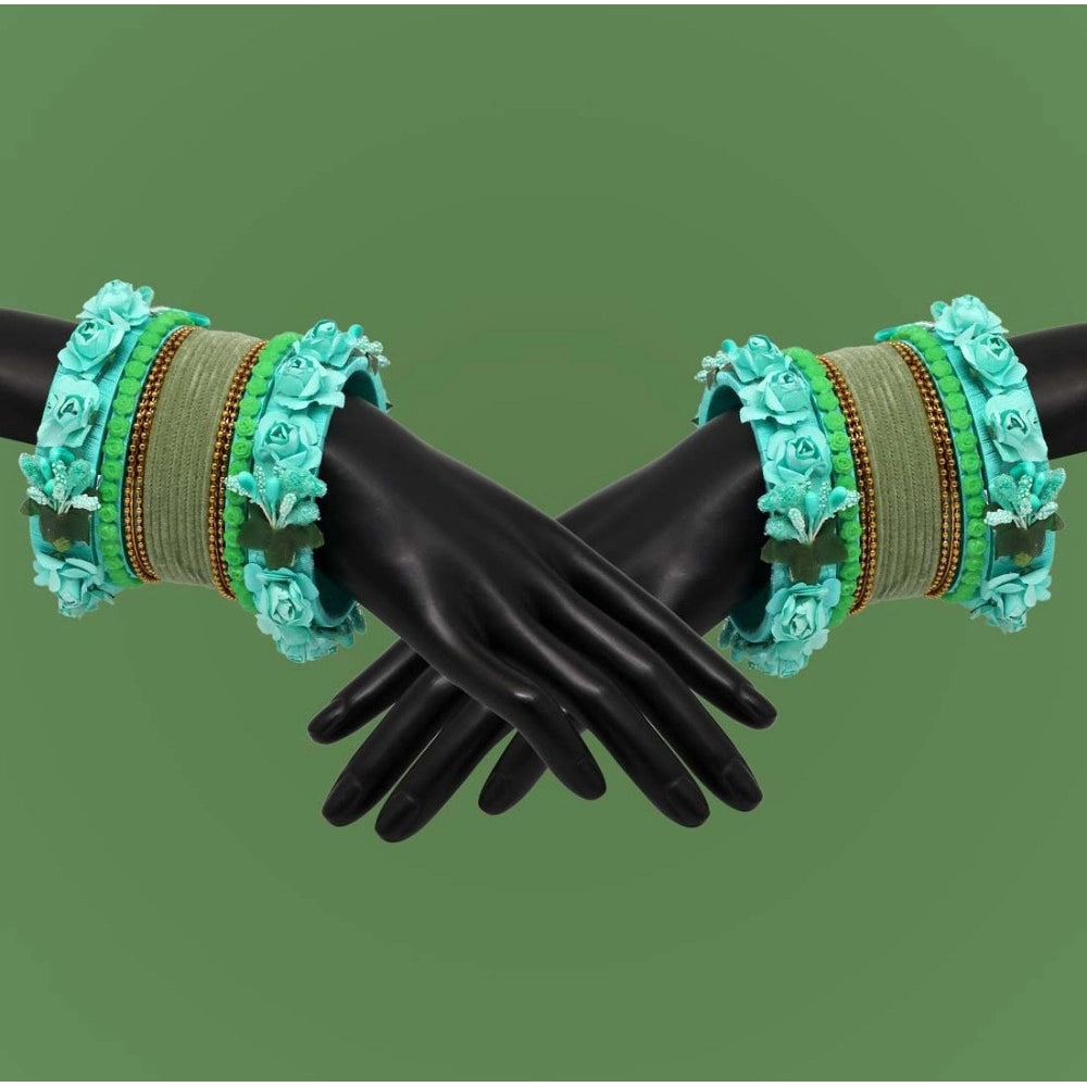 Women's Rama Green Color Rose Floral Bangles Set: 2.8