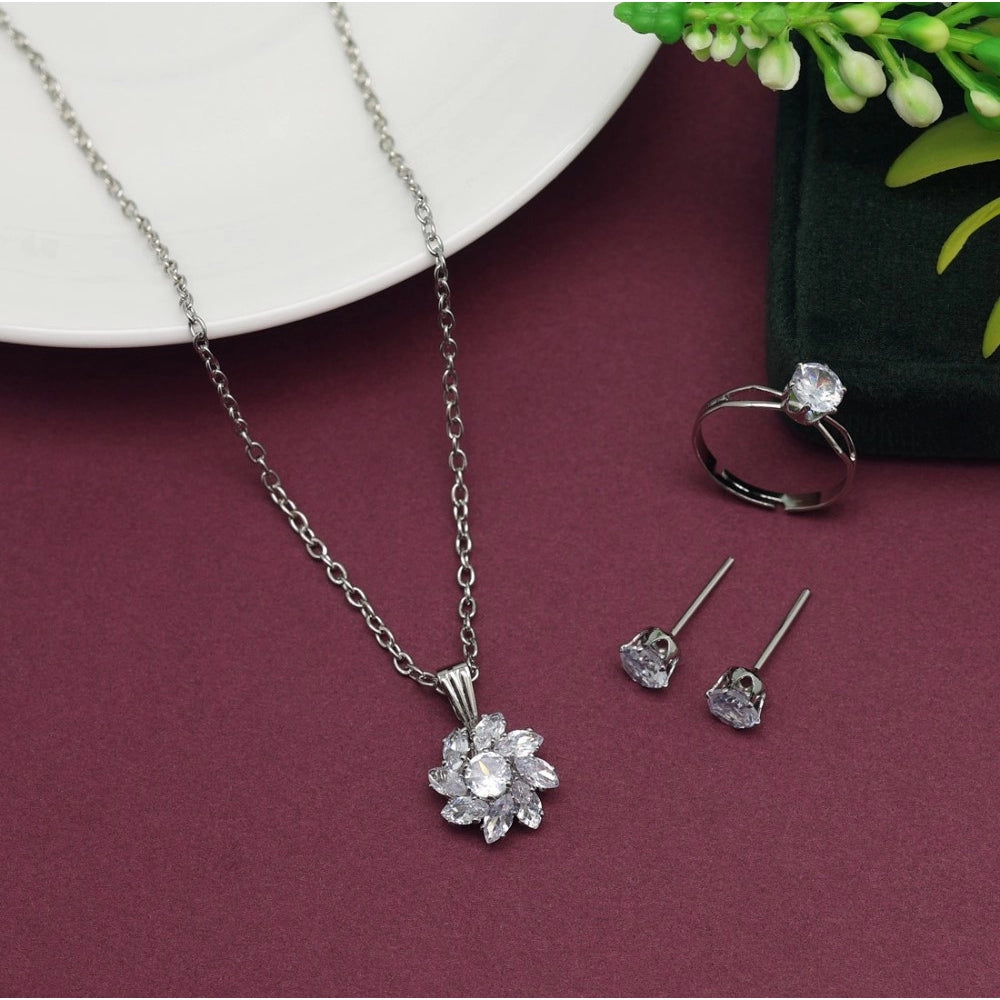 Women's Silver Color Stone Locket Pendant Set Adjustable Ring