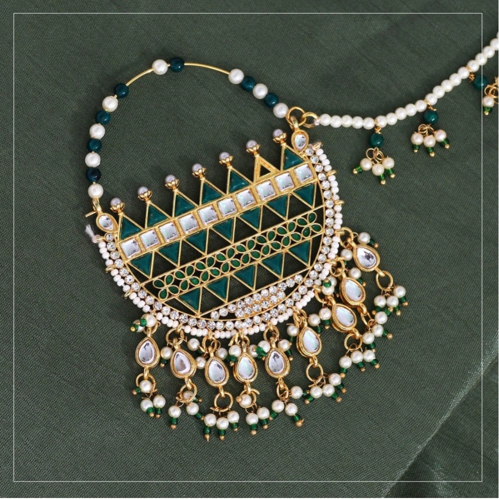 Women's Green Color Kundan &amp; Beads Nose Nath