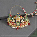 Women's Maroon &amp; Green Color Kundan &amp; Beads Nose Nath