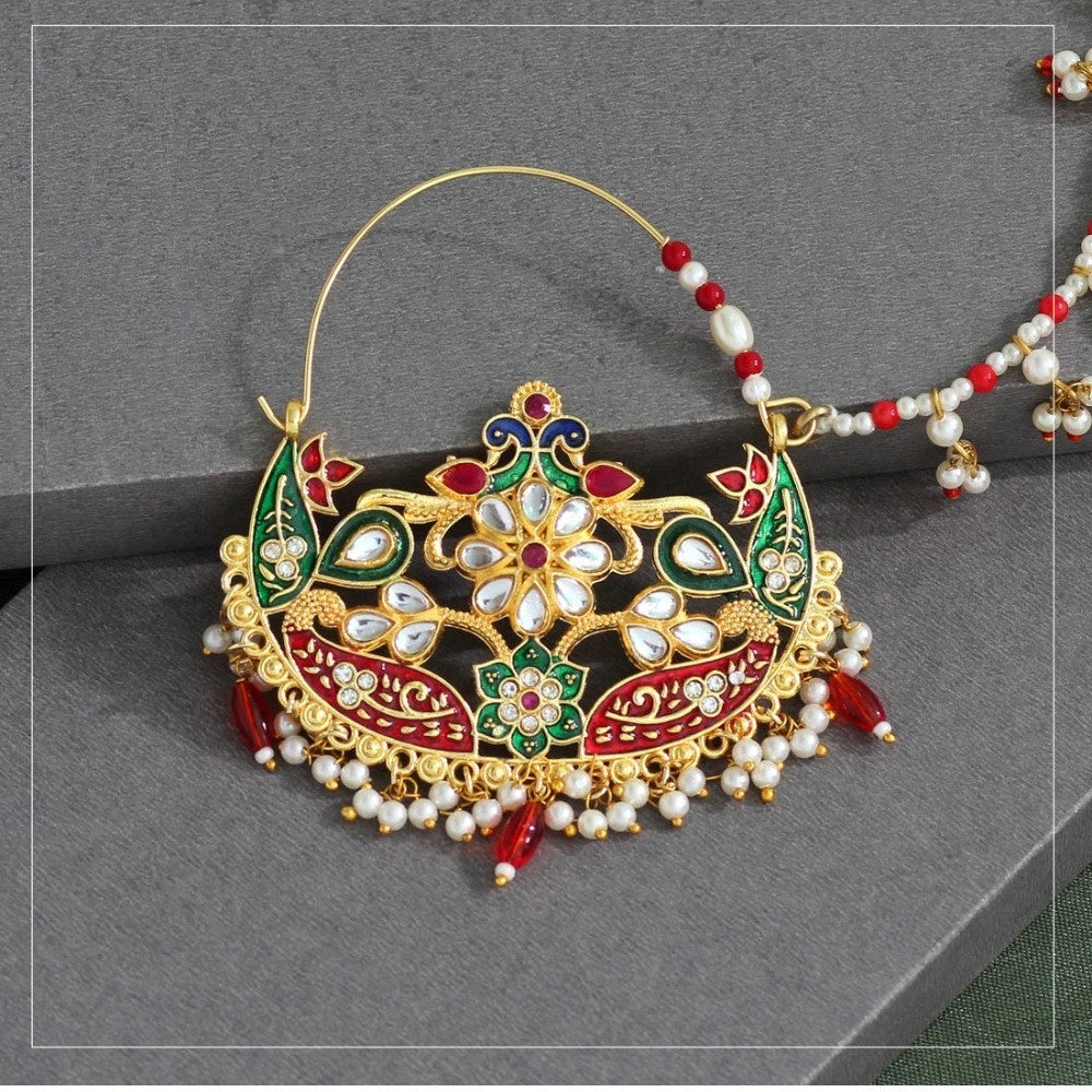 Women's Maroon &amp; Green Color Kundan &amp; Beads Nose Nath