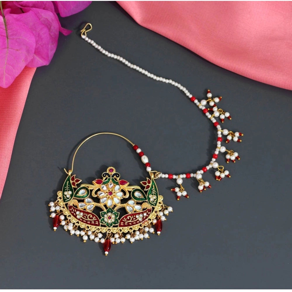 Women's Maroon &amp; Green Color Kundan &amp; Beads Nose Nath