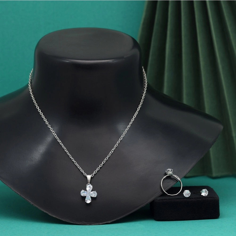 Women's Silver Color Stone Locket Pendant Set Adjustable Ring