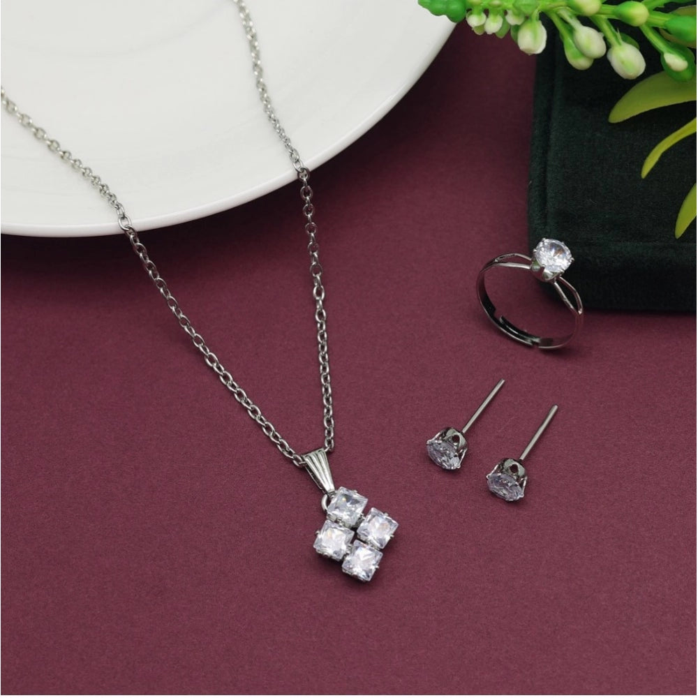 Women's Silver Color Stone Locket Pendant Set Adjustable Ring