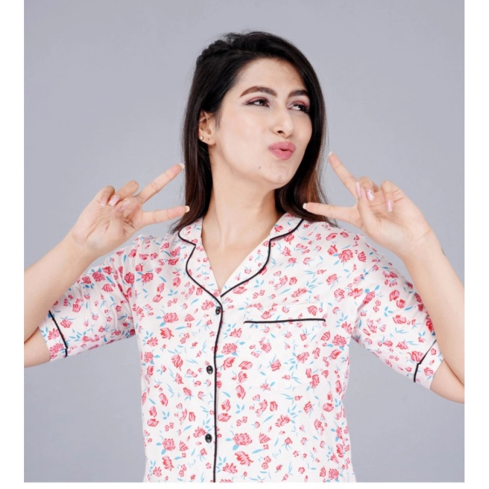 Women's Casual Half Sleeve Printed Viscose Rayon Shirt With Pyjama Pant Night Suit Set (Baby Pink)