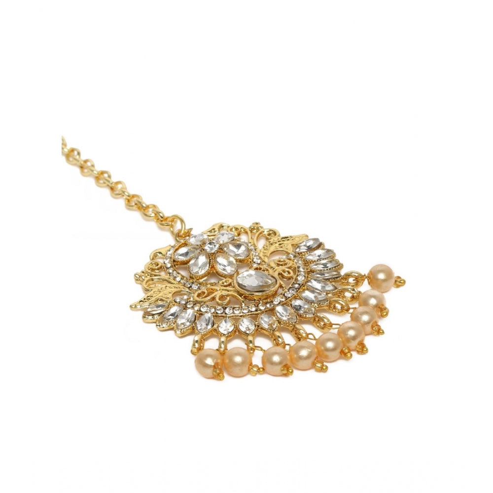 Women's Rose Gold Plated Alloy Kundan Earrings &amp; Mangtikka (White)