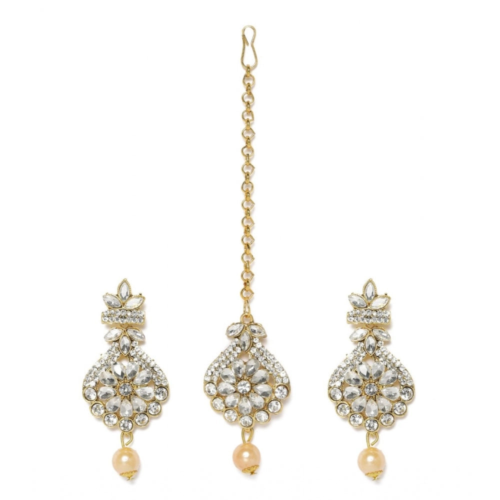 Women's Rose Gold Plated Alloy Kundan Earrings &amp; Mangtikka (White)