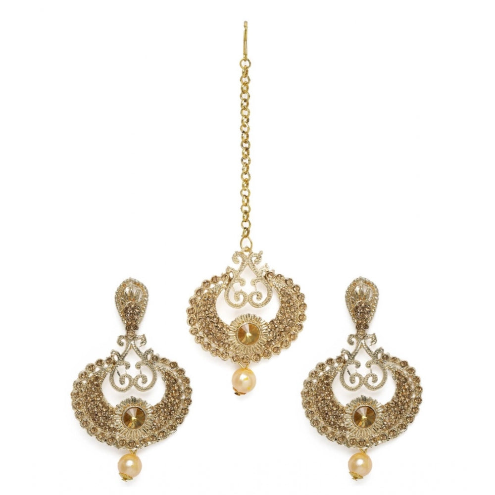 Women's Rose Gold Plated Alloy Kundan Earrings &amp; Mangtikka (Gold)