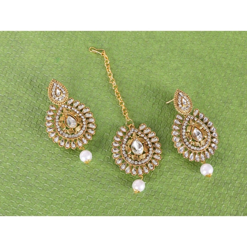 Women's Rose Gold Plated Alloy Kundan Earrings &amp; Mangtikka (White)