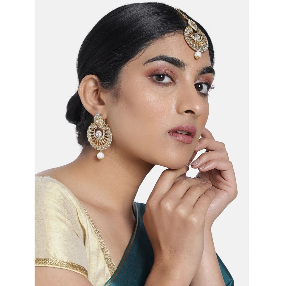 Women's Rose Gold Plated Alloy Kundan Earrings &amp; Mangtikka (White)