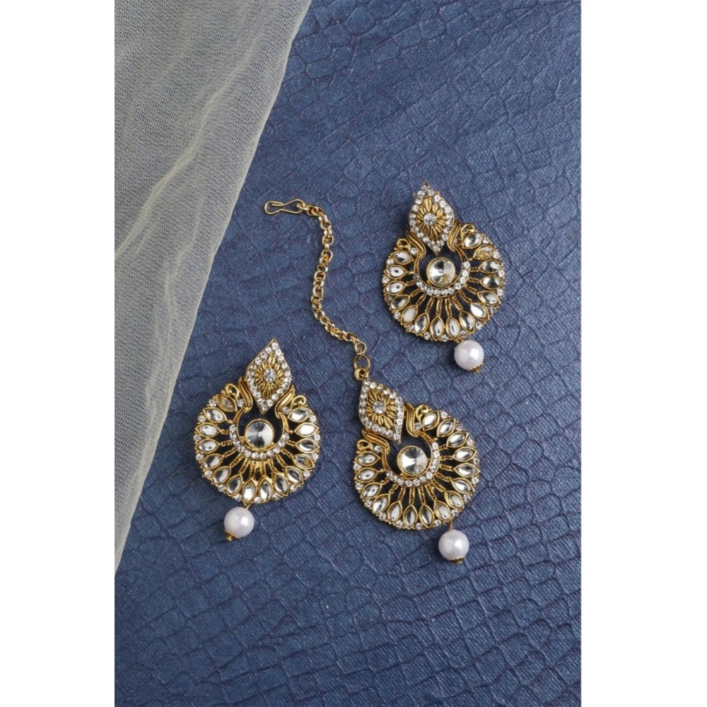 Women's Rose Gold Plated Alloy Kundan Earrings &amp; Mangtikka (White)