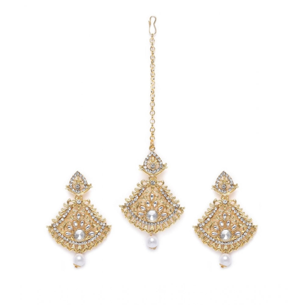 Women's Rose Gold Plated Alloy Kundan Earrings &amp; Mangtikka (White)