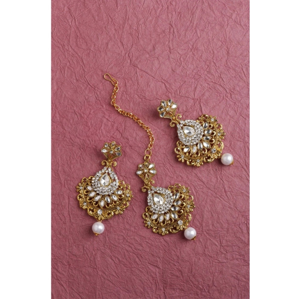 Women's Rose Gold Plated Alloy Kundan Earrings &amp; Mangtikka (White)