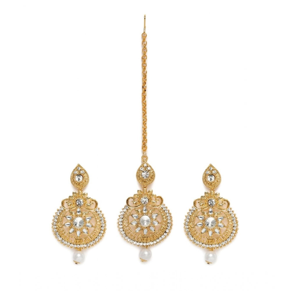 Women's Rose Gold Plated Alloy Kundan Earrings &amp; Mangtikka (White)