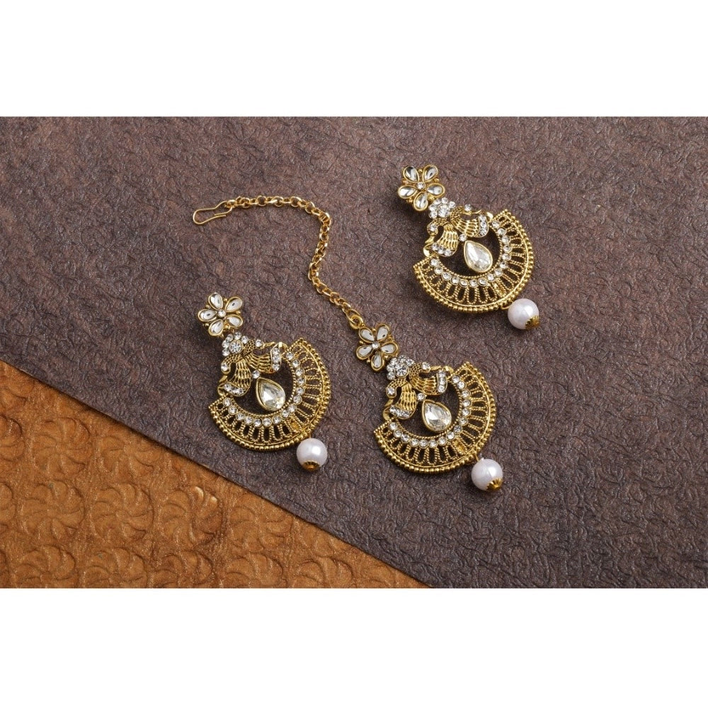 Women's Rose Gold Plated Alloy Kundan Earrings &amp; Mangtikka (White)