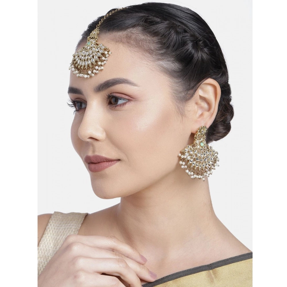 Women's Rose Gold Plated Alloy Kundan Earrings &amp; Mangtikka (White)