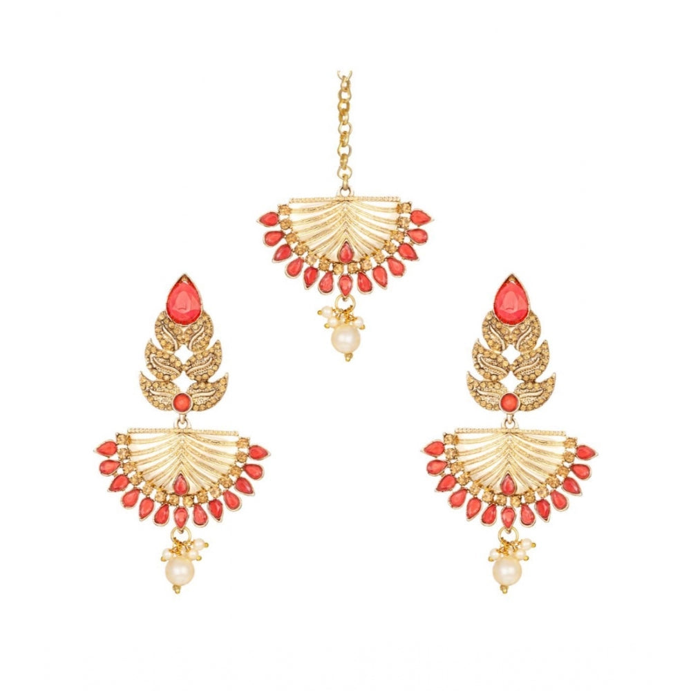 Women's Rose Gold Plated Alloy Kundan Earrings &amp; Mangtikka (Gold &amp; Red)