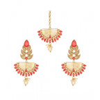 Women's Rose Gold Plated Alloy Kundan Earrings &amp; Mangtikka (Gold &amp; Red)