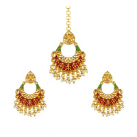 Women's Rose Gold Plated Alloy Kundan Earrings &amp; Mangtikka (Red &amp; Green)