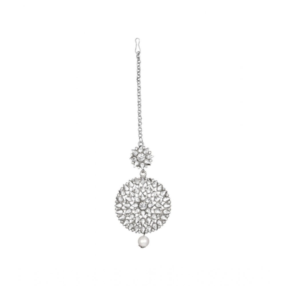 Women's Rose Gold Plated Alloy Kundan Earrings &amp; Mangtikka (White)