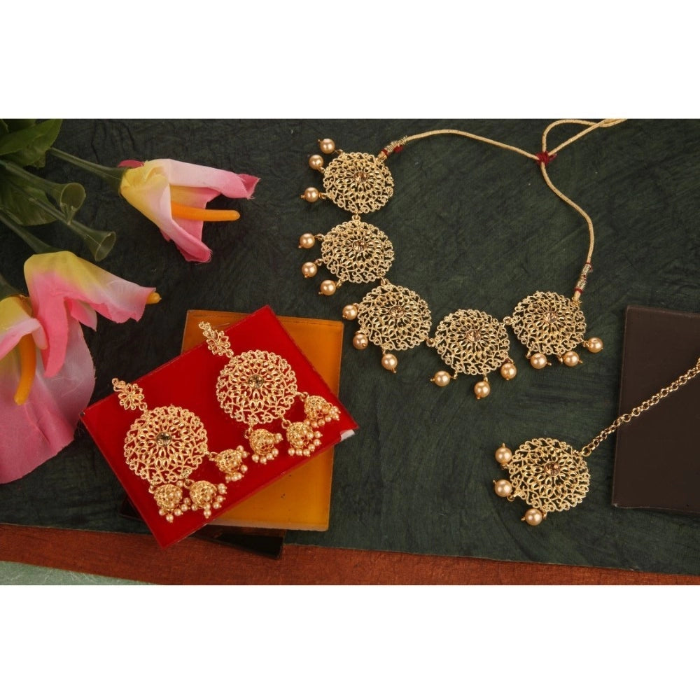 Women's Rose Gold Plated Alloy Necklace &amp; Earings Set (Gold)