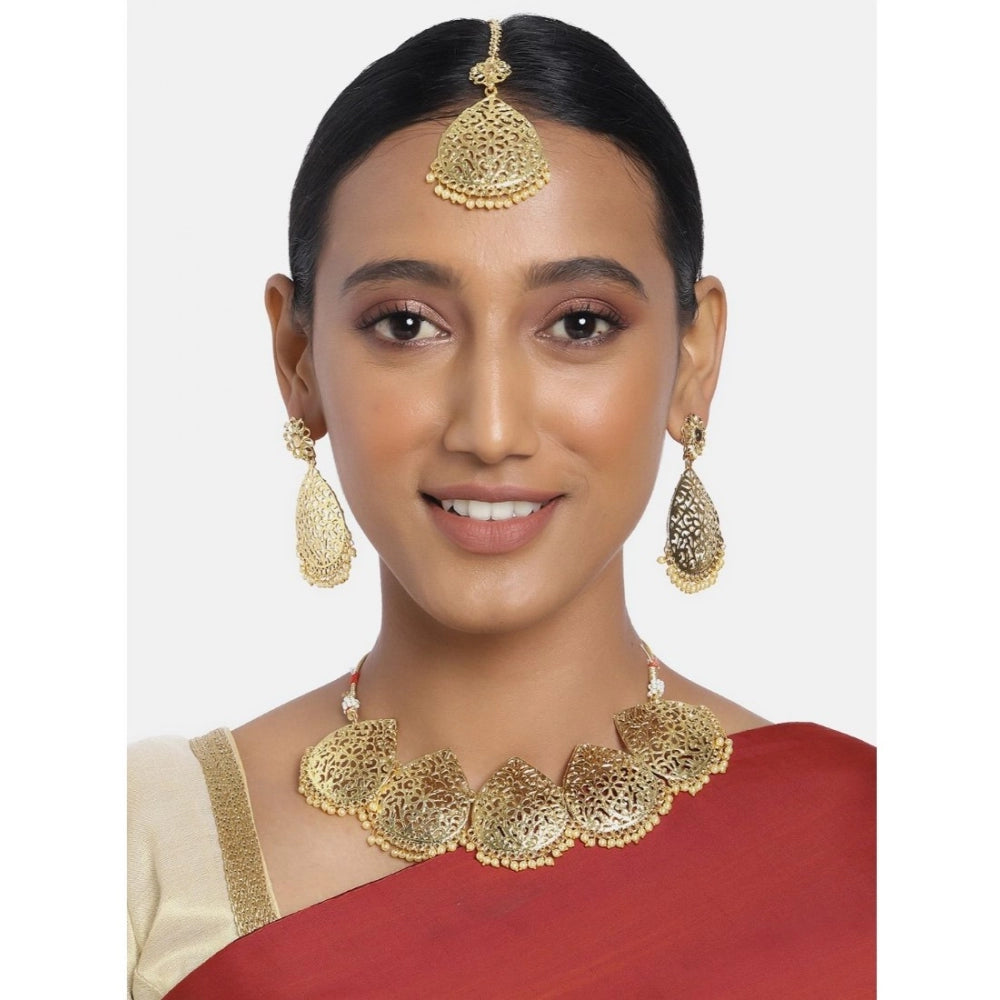 Women's Rose Gold Plated Alloy Necklace &amp; Earings Set (Gold)