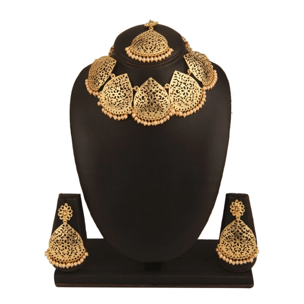 Women's Rose Gold Plated Alloy Necklace &amp; Earings Set (Gold)