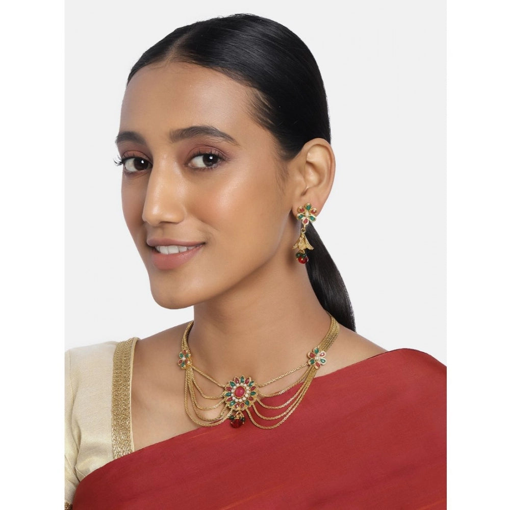 Women's Rose Gold Plated Alloy Necklace &amp; Earings Set (Green &amp; Red)