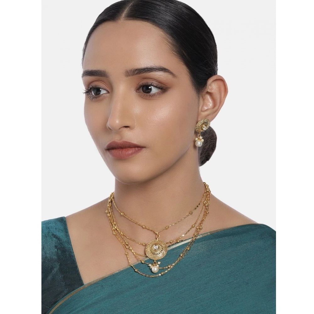 Women's Rose Gold Plated Alloy Necklace &amp; Earings Set (Gold)