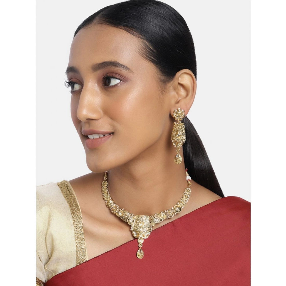 Women's Rose Gold Plated Alloy Necklace &amp; Earings Set (Gold)