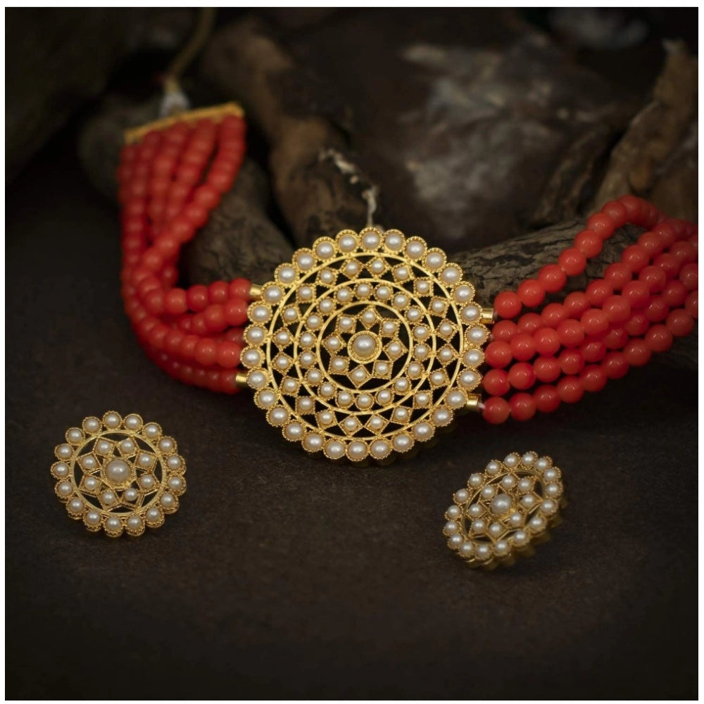 Women's Rose Gold Plated Alloy Necklace &amp; Earings Set (Red)