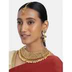Women's Rose Gold Plated Alloy Necklace Earrings With Maangtika Set (Gold)