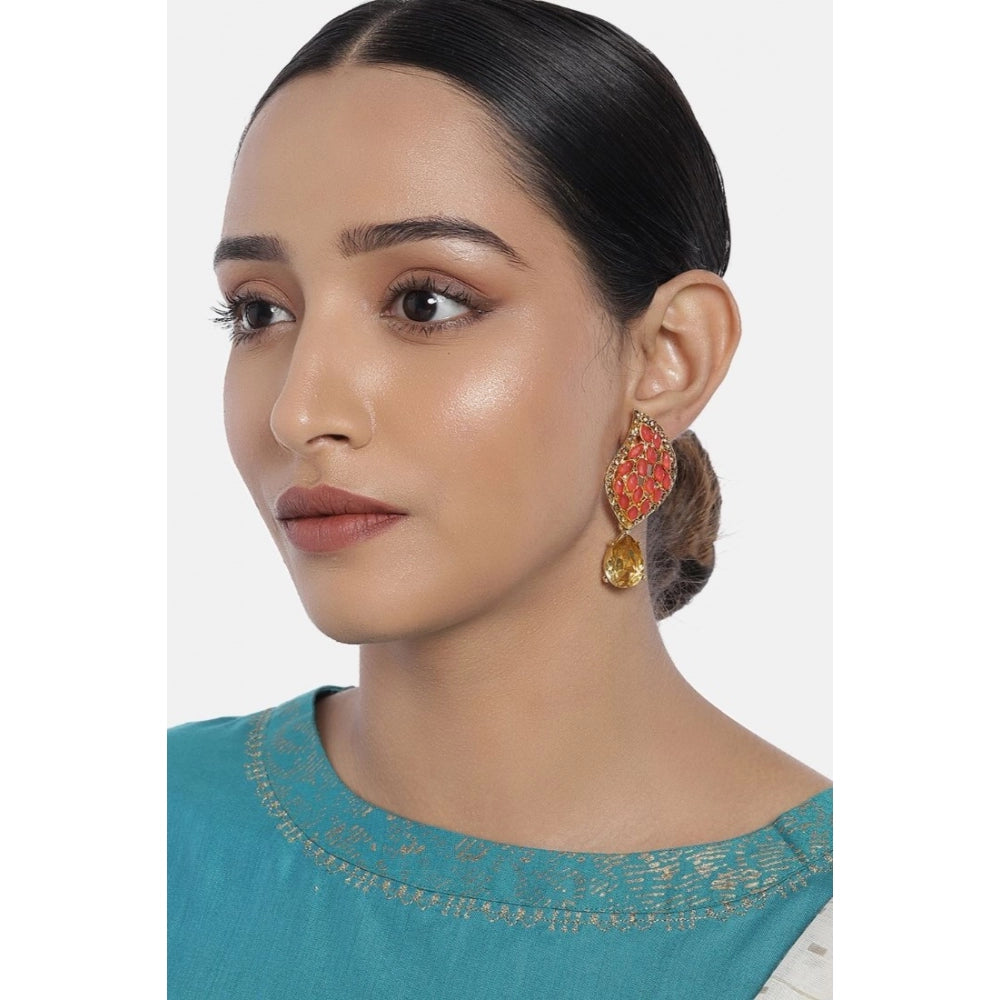 Women's Rose Gold Plated Alloy Earrings (Gold &amp; Red)