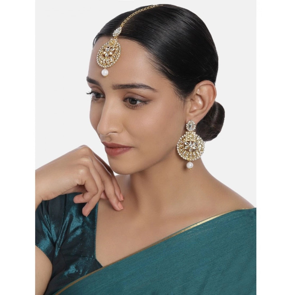 Women's Rose Gold Plated Alloy Kundan Earrings &amp; Mangtikka (White)