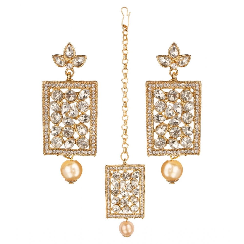Women's Rose Gold Plated Alloy Kundan Earrings &amp; Mangtikka (White)