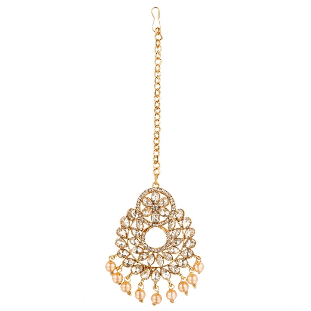 Women's Rose Gold Plated Alloy Kundan Earrings &amp; Mangtikka (White)