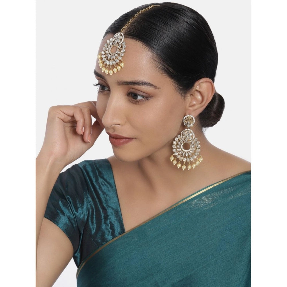 Women's Rose Gold Plated Alloy Kundan Earrings &amp; Mangtikka (White)